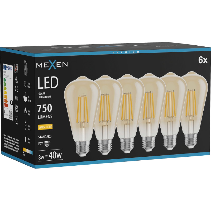 Mexen Vintis 6x Ampoule filament LED E27, ST64, 8W, Chaude - 2700K, 750 lm, ambre - L152-E27-0827-50x06
