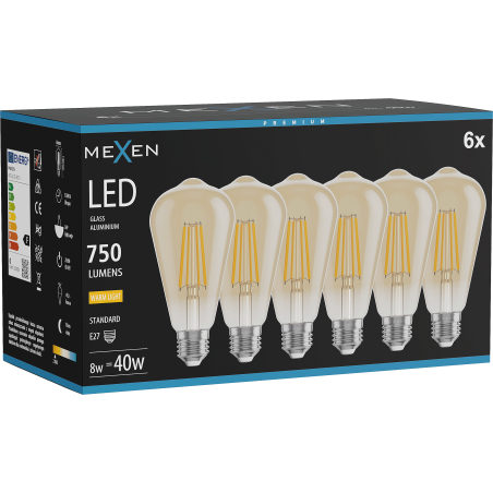 Mexen Vintis 6x Ampoule filament LED E27, ST64, 8W, Chaude - 2700K, 750 lm, ambre - L152-E27-0827-50x06