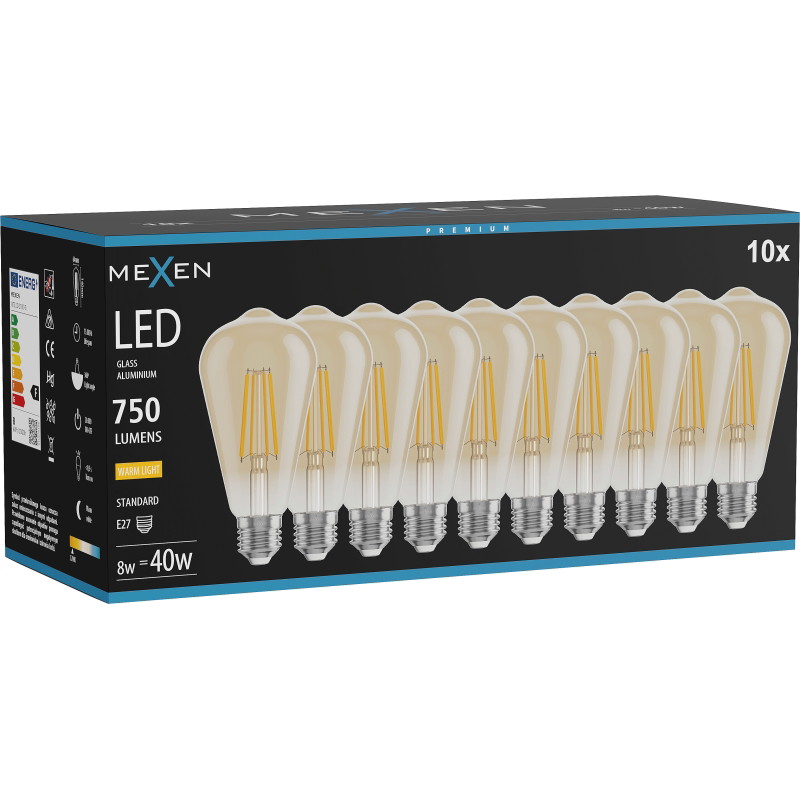 Mexen Vintis 10x Ampoule LED à filament E27, ST64, 8W, Chaude - 2700K, 750 lm, ambre - L152-E27-0827-50x10