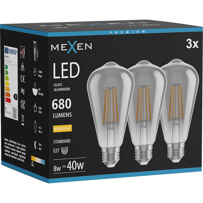 Mexen Vintis 3x Ampoule filament LED E27, ST64, 8W, Chaude - 2700K, 680 lm, fumée - L152-E27-0827-70x03
