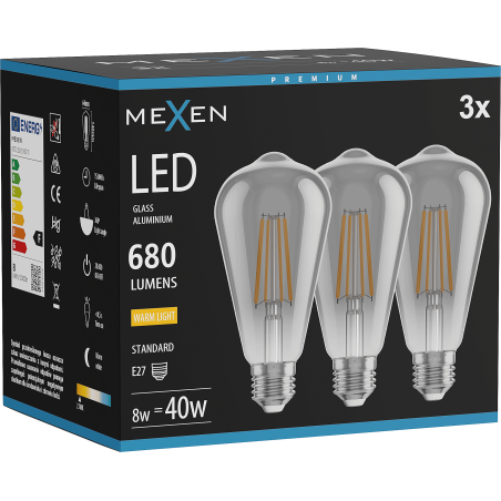 Mexen Vintis 3x Ampoule filament LED E27, ST64, 8W, Chaude - 2700K, 680 lm, fumée - L152-E27-0827-70x03