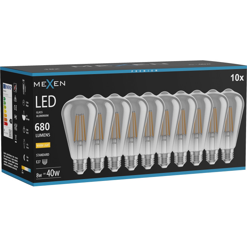 Mexen Vintis 10x Ampoule à filament LED E27, ST64, 8W, Chaude - 2700K, 680 lm, fumée - L152-E27-0827-70x10