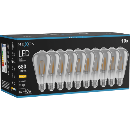 Mexen Vintis 10x Ampoule à filament LED E27, ST64, 8W, Chaude - 2700K, 680 lm, fumée - L152-E27-0827-70x10