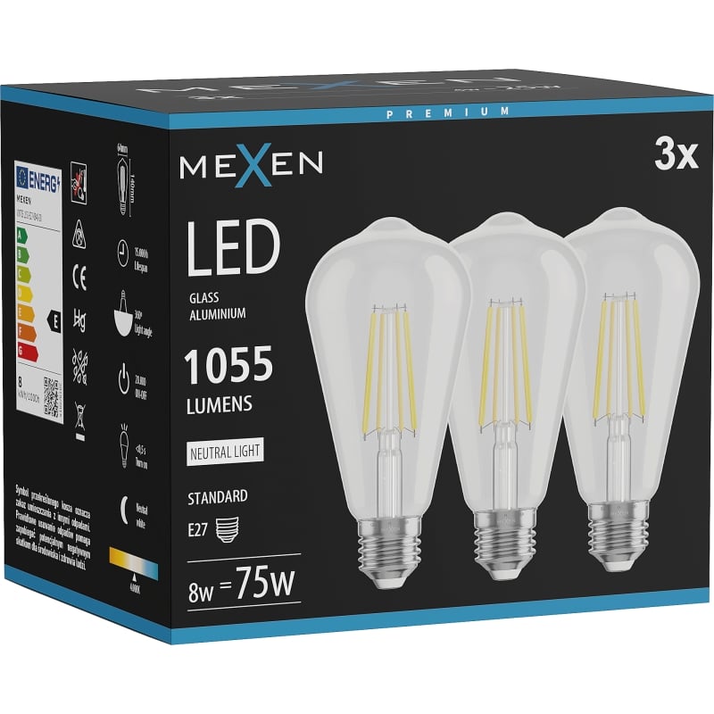 Mexen Vintis 3x Ampoule filament LED E27, ST64, 8W, Neutre - 4000K, 1055 lm, claire - L152-E27-0840-00x03