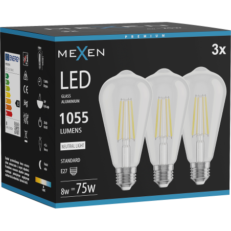 Mexen Vintis 3x Ampoule filament LED E27, ST64, 8W, Neutre - 4000K, 1055 lm, claire - L152-E27-0840-00x03