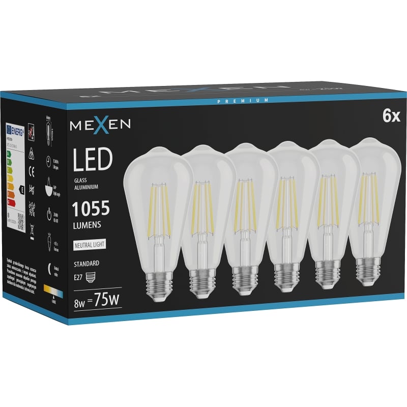 Mexen Vintis 6x Ampoule filament LED E27, ST64, 8W, Neutre - 4000K, 1055 lm, clair - L152-E27-0840-00x06