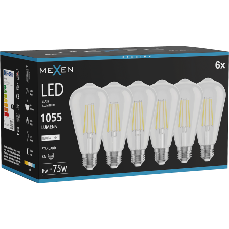 Mexen Vintis 6x Ampoule filament LED E27, ST64, 8W, Neutre - 4000K, 1055 lm, clair - L152-E27-0840-00x06