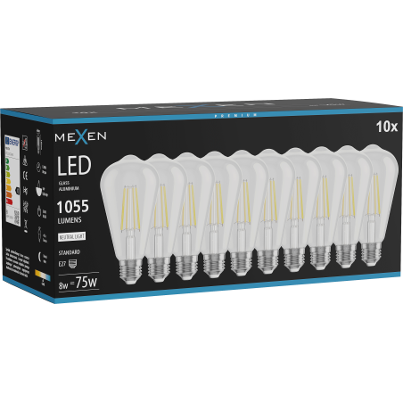 Mexen Vintis 10x Ampoule filament LED E27, ST64, 8W, Neutre - 4000K, 1055 lm, clair - L152-E27-0840-00x10