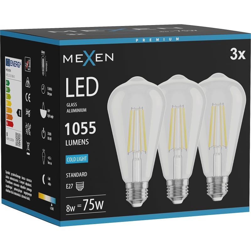 Mexen Vintis 3x Ampoule filament LED E27, ST64, 8W, Froid - 6500K, 1055 lm, transparent - L152-E27-0865-00x03