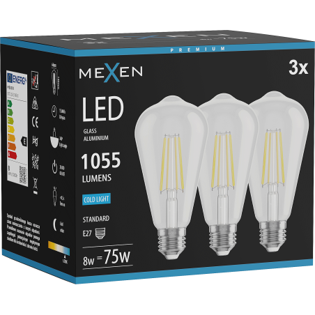 Mexen Vintis 3x Ampoule filament LED E27, ST64, 8W, Froid - 6500K, 1055 lm, transparent - L152-E27-0865-00x03