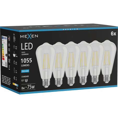 Mexen Vintis 6x Ampoule filament LED E27, ST64, 8W, Froid - 6500K, 1055 lm, clair - L152-E27-0865-00x06