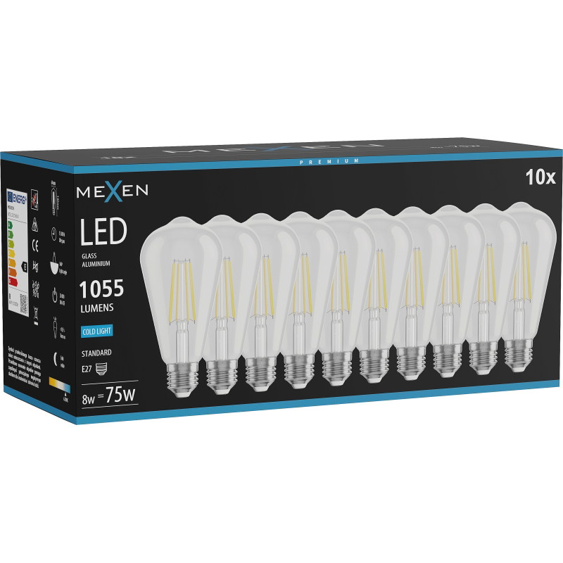 Mexen Vintis 10x Ampoule filament LED E27, ST64, 8W, Froid - 6500K, 1055 lm, clair - L152-E27-0865-00x10