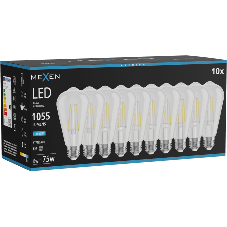 Mexen Vintis 10x Ampoule filament LED E27, ST64, 8W, Froid - 6500K, 1055 lm, clair - L152-E27-0865-00x10