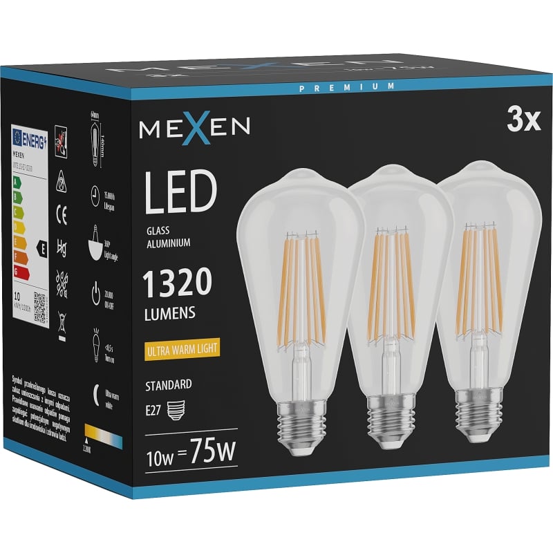 Mexen Vintis 3x ampoule LED à filament E27, ST64, 10W, Chaude - 2200K, 1320 lm, claire - L152-E27-1022-00x03