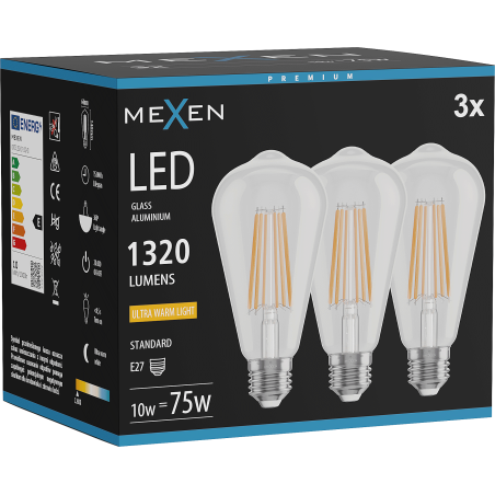 Mexen Vintis 3x ampoule LED à filament E27, ST64, 10W, Chaude - 2200K, 1320 lm, claire - L152-E27-1022-00x03
