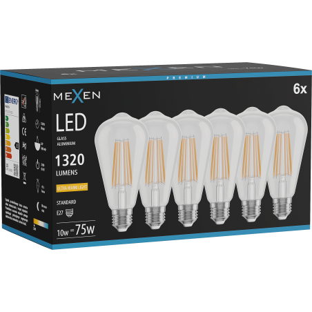Mexen Vintis 6x Ampoule filament LED E27, ST64, 10W, Chaude - 2200K, 1320 lm, clair - L152-E27-1022-00x06
