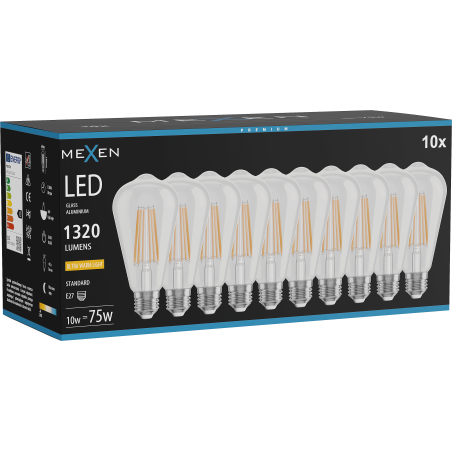 Mexen Vintis 10x Ampoule filament LED E27, ST64, 10W, Chaude - 2200K, 1320 lm, clair - L152-E27-1022-00x10