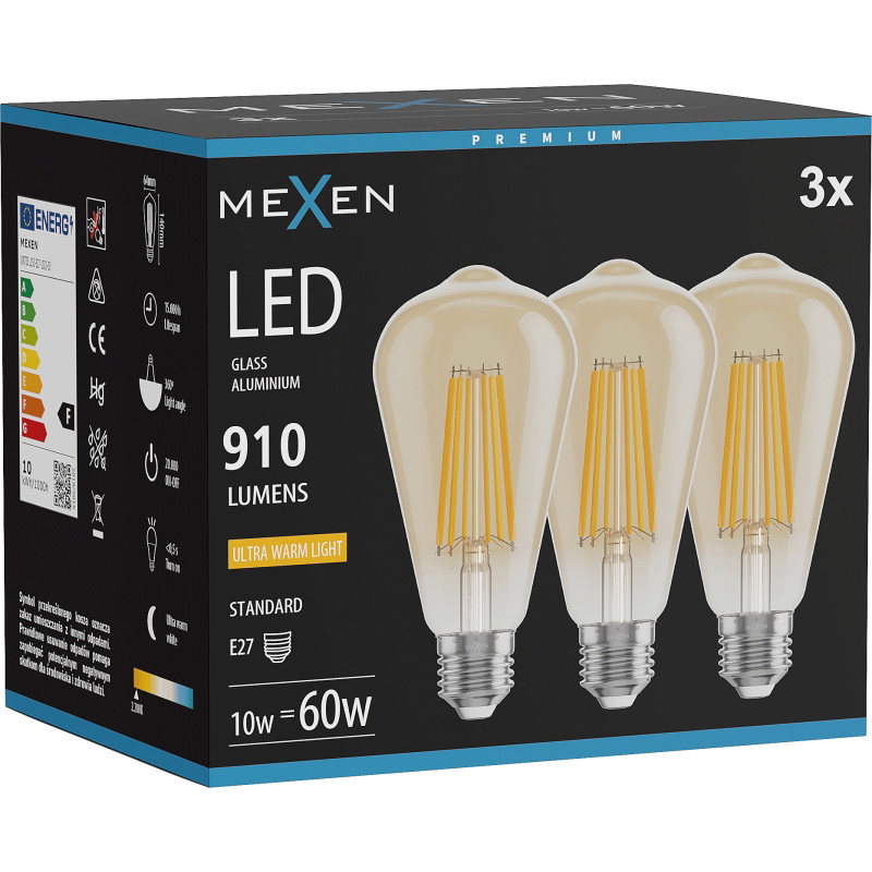 Mexen Vintis 3x Ampoule filament LED E27, ST64, 10W, Chaud - 2200K, 910 lm, ambre - L152-E27-1022-50x03