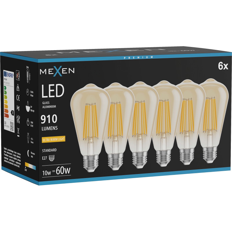 Mexen Vintis 6x Ampoule filament LED E27, ST64, 10W, Chaude - 2200K, 910 lm, ambre - L152-E27-1022-50x06