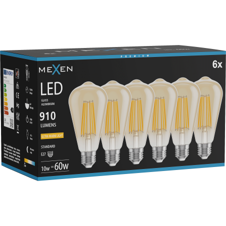 Mexen Vintis 6x Ampoule filament LED E27, ST64, 10W, Chaude - 2200K, 910 lm, ambre - L152-E27-1022-50x06