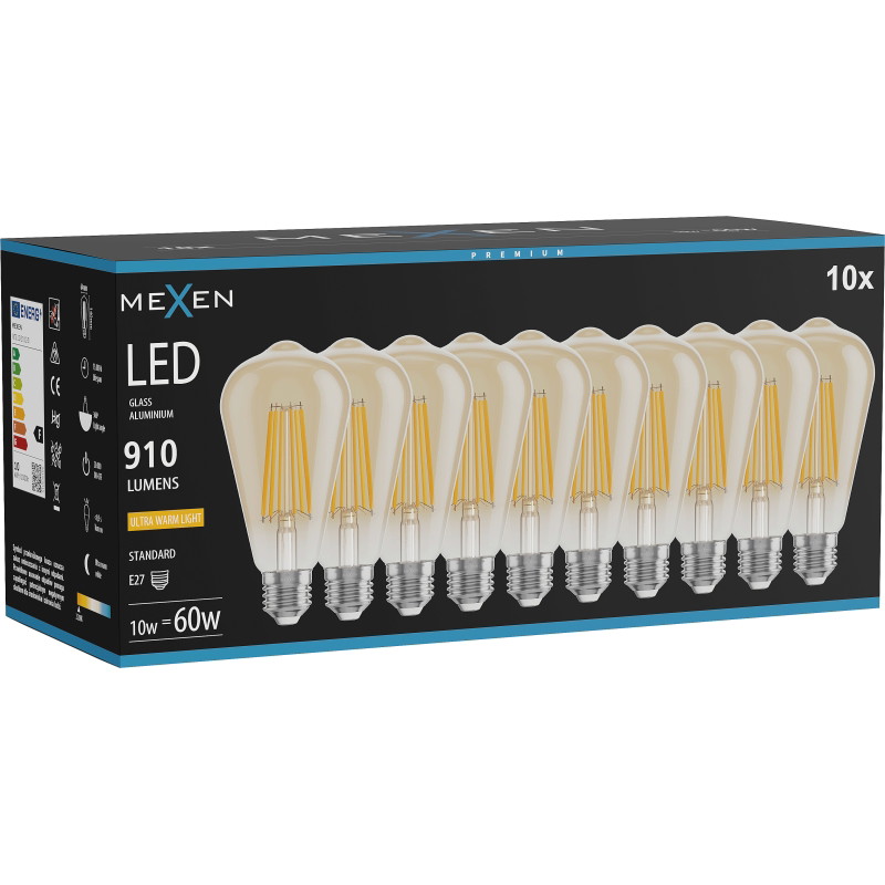 Mexen Vintis 10x Ampoule filament LED E27, ST64, 10W, Chaude - 2200K, 910 lm, ambre - L152-E27-1022-50x10
