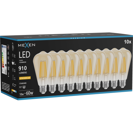 Mexen Vintis 10x Ampoule filament LED E27, ST64, 10W, Chaude - 2200K, 910 lm, ambre - L152-E27-1022-50x10