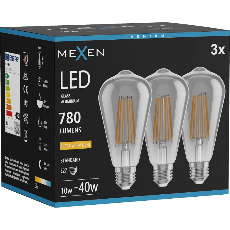Mexen Vintis 3x ampoule filament LED E27, ST64, 10W, Chaude - 2200K, 780 lm, fumée - L152-E27-1022-70x03