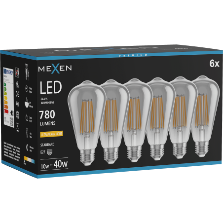Mexen Vintis 6x Ampoule filament LED E27, ST64, 10W, Chaude - 2200K, 780 lm, fumée - L152-E27-1022-70x06