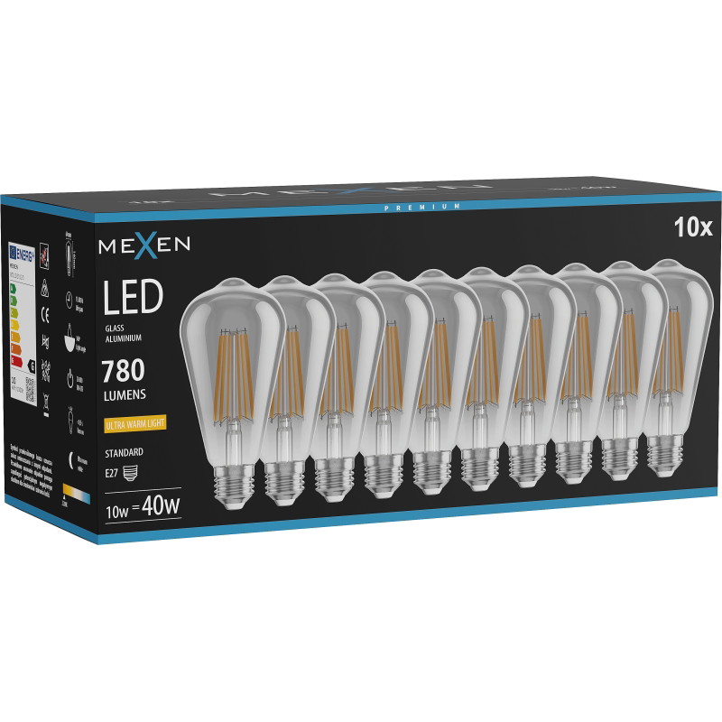 Mexen Vintis 10x Ampoule à filament LED E27, ST64, 10W, Chaud - 2200K, 780 lm, fumée - L152-E27-1022-70x10