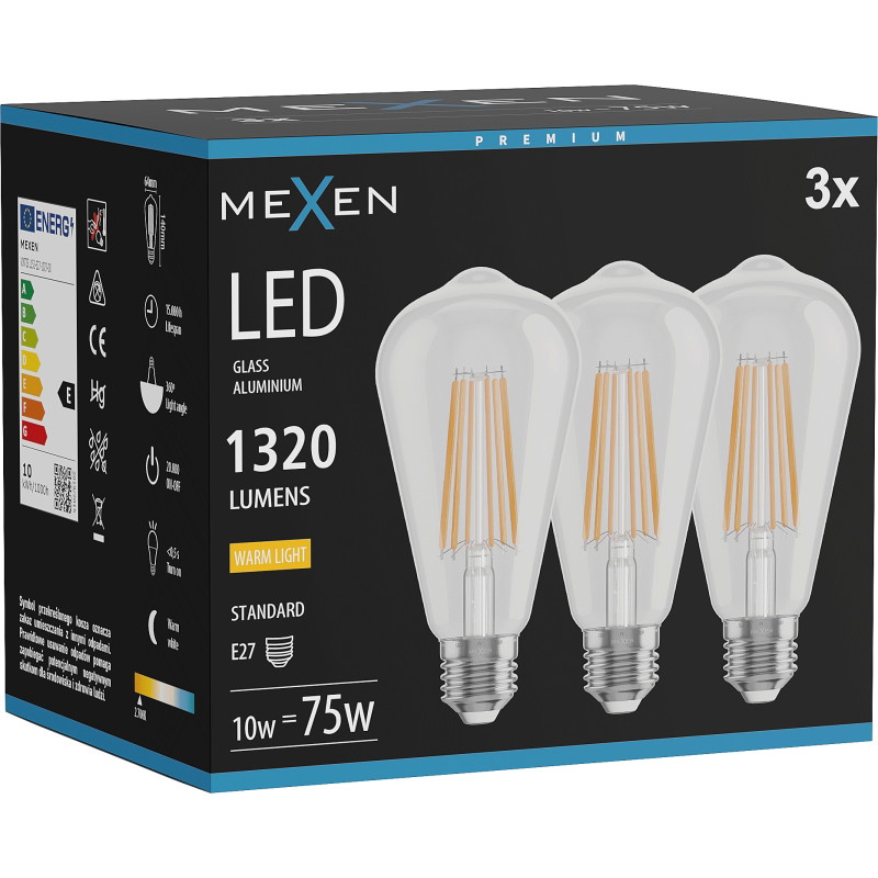 Mexen Vintis 3x Ampoule filament LED E27, ST64, 10W, Chaude - 2700K, 1320 lm, transparent - L152-E27-1027-00x03