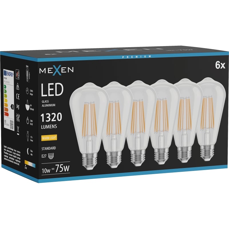 Mexen Vintis 6x Ampoule filament LED E27, ST64, 10W, Chaude - 2700K, 1320 lm, clair - L152-E27-1027-00x06