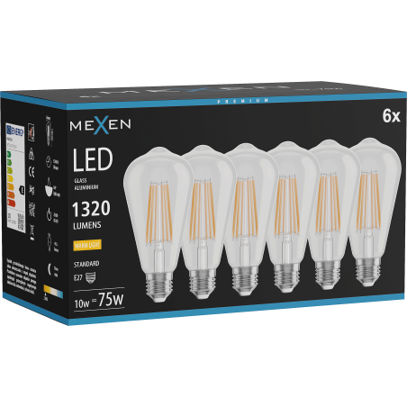 Mexen Vintis 6x Ampoule filament LED E27, ST64, 10W, Chaude - 2700K, 1320 lm, clair - L152-E27-1027-00x06