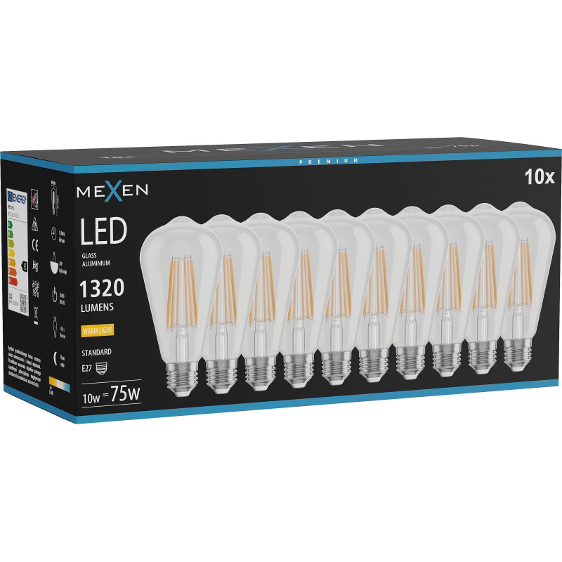 Mexen Vintis 10x Ampoule à filament LED E27, ST64, 10W, Chaude - 2700K, 1320 lm, clair - L152-E27-1027-00x10