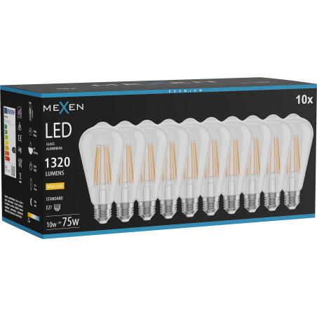 Mexen Vintis 10x Ampoule à filament LED E27, ST64, 10W, Chaude - 2700K, 1320 lm, clair - L152-E27-1027-00x10