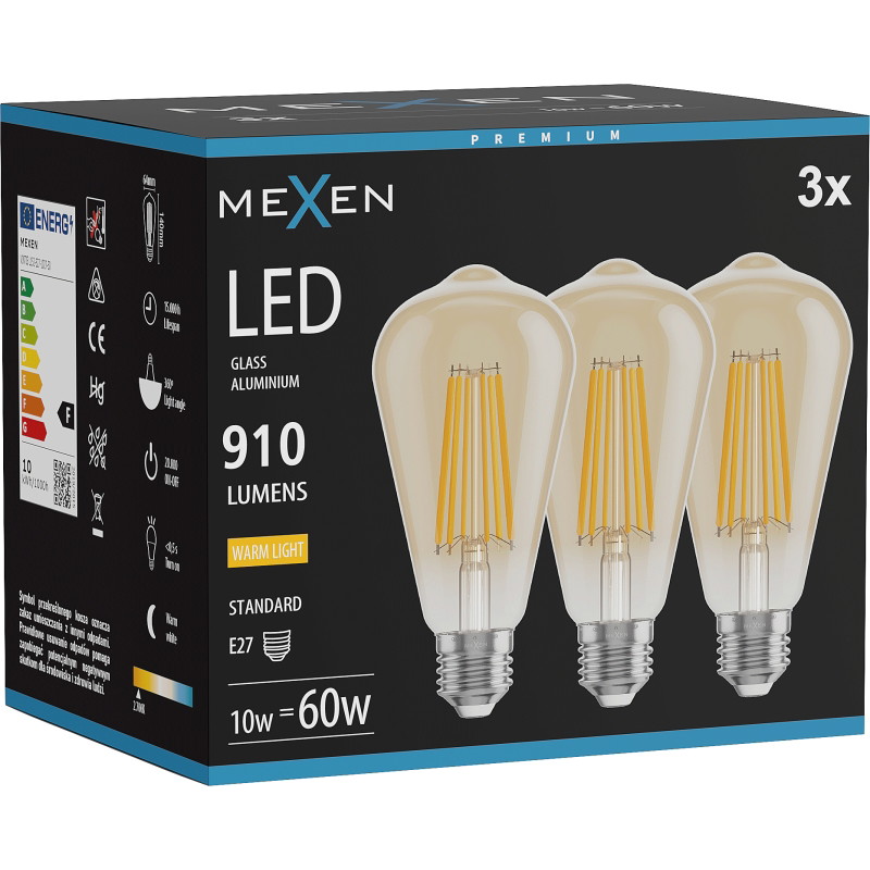 Mexen Vintis 3x Ampoule filament LED E27, ST64, 10W, Chaude - 2700K, 910 lm, ambre - L152-E27-1027-50x03