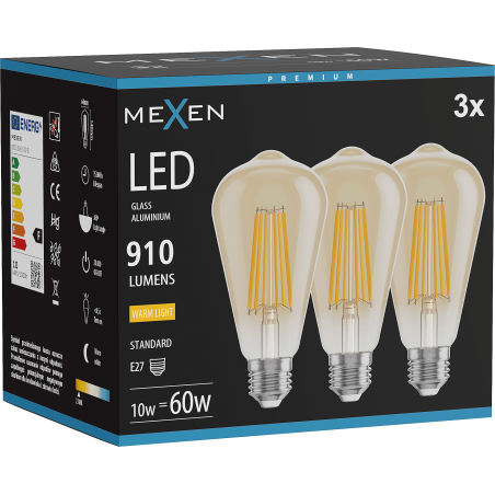 Mexen Vintis 3x Ampoule filament LED E27, ST64, 10W, Chaude - 2700K, 910 lm, ambre - L152-E27-1027-50x03