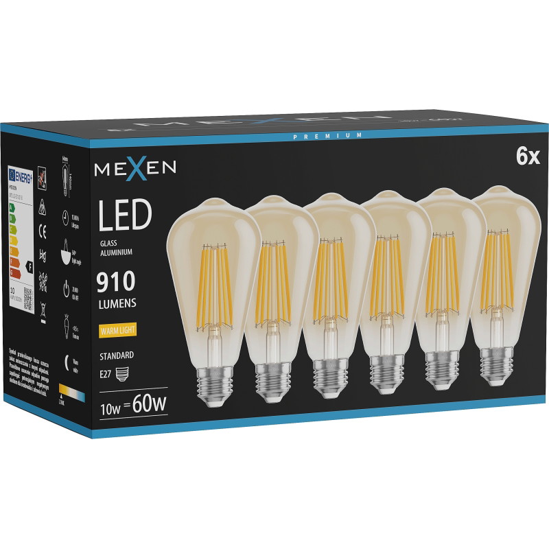 Mexen Vintis 6x ampoule à filament LED E27, ST64, 10W, Chaude - 2700K, 910 lm, ambre - L152-E27-1027-50x06