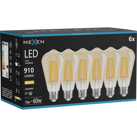 Mexen Vintis 6x ampoule à filament LED E27, ST64, 10W, Chaude - 2700K, 910 lm, ambre - L152-E27-1027-50x06