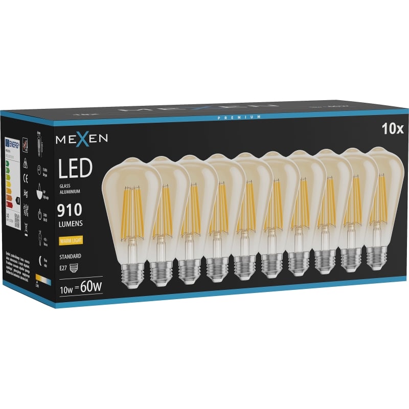 Mexen Vintis 10x Ampoule filament LED E27, ST64, 10W, Chaude - 2700K, 910 lm, ambre - L152-E27-1027-50x10