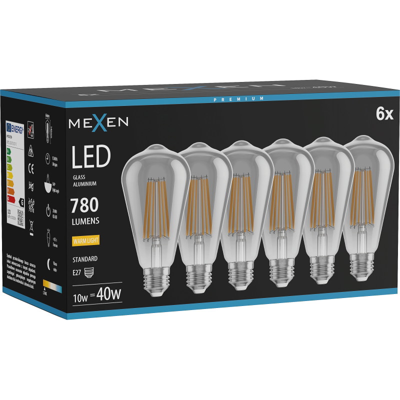 Mexen Vintis 6x Ampoule filament LED E27, ST64, 10W, Chaude - 2700K, 780 lm, fumée - L152-E27-1027-70x06
