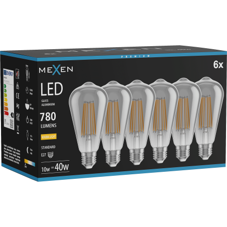 Mexen Vintis 6x Ampoule filament LED E27, ST64, 10W, Chaude - 2700K, 780 lm, fumée - L152-E27-1027-70x06