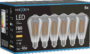 Mexen Vintis 6x Ampoule filament LED E27, ST64, 10W, Chaude - 2700K, 780 lm, fumée - L152-E27-1027-70x06