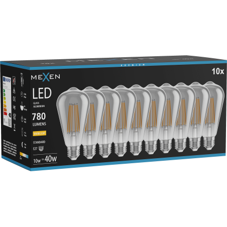 Mexen Vintis 10x Ampoule filament LED E27, ST64, 10W, Chaude - 2700K, 780 lm, fumée - L152-E27-1027-70x10