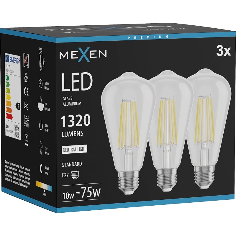 Mexen Vintis 3x Ampoule à filament LED E27, ST64, 10W, Neutre - 4000K, 1320 lm, clair - L152-E27-1040-00x03