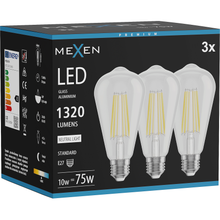 Mexen Vintis 3x Ampoule à filament LED E27, ST64, 10W, Neutre - 4000K, 1320 lm, clair - L152-E27-1040-00x03