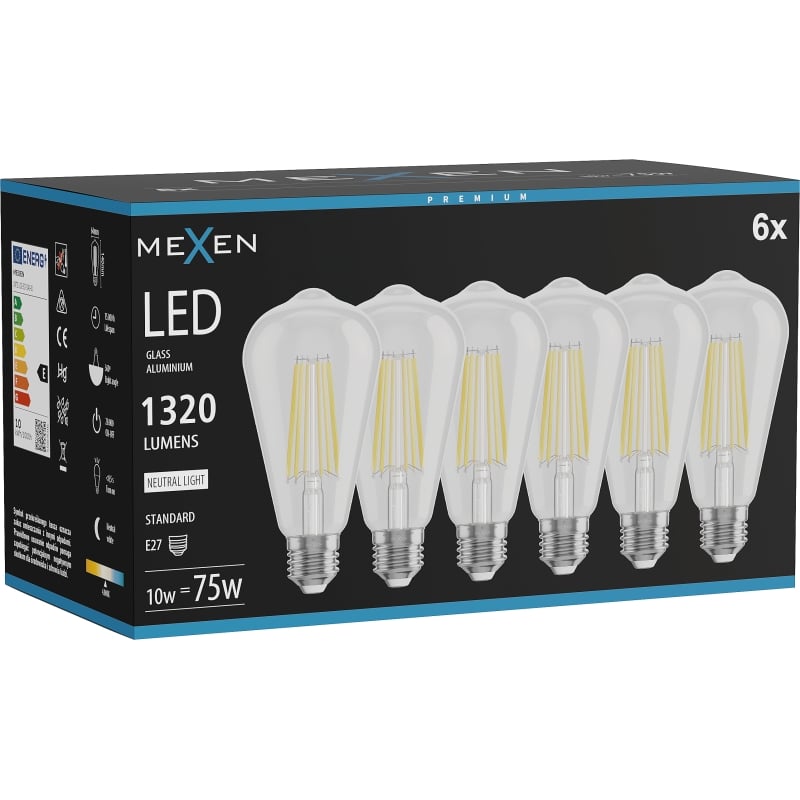 Mexen Vintis 6x Ampoule à filament LED E27, ST64, 10W, Neutre - 4000K, 1320 lm, clair - L152-E27-1040-00x06