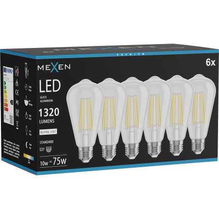 Mexen Vintis 6x Ampoule à filament LED E27, ST64, 10W, Neutre - 4000K, 1320 lm, clair - L152-E27-1040-00x06
