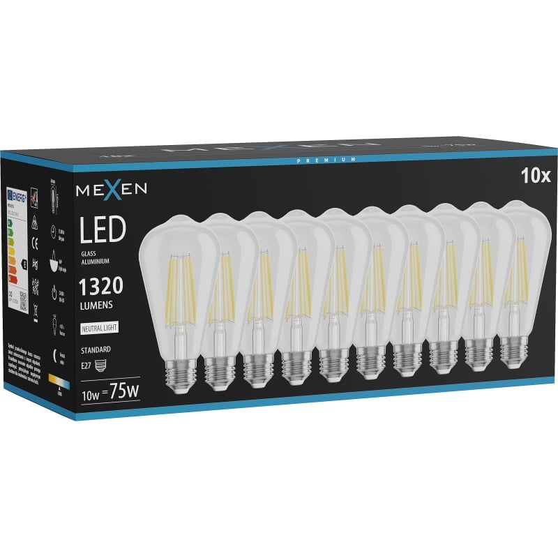 Mexen Vintis 10x Ampoule à filament LED E27, ST64, 10W, Neutre - 4000K, 1320 lm, transparent - L152-E27-1040-00x10