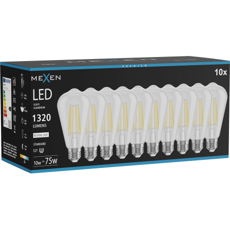 Mexen Vintis 10x Ampoule à filament LED E27, ST64, 10W, Neutre - 4000K, 1320 lm, transparent - L152-E27-1040-00x10