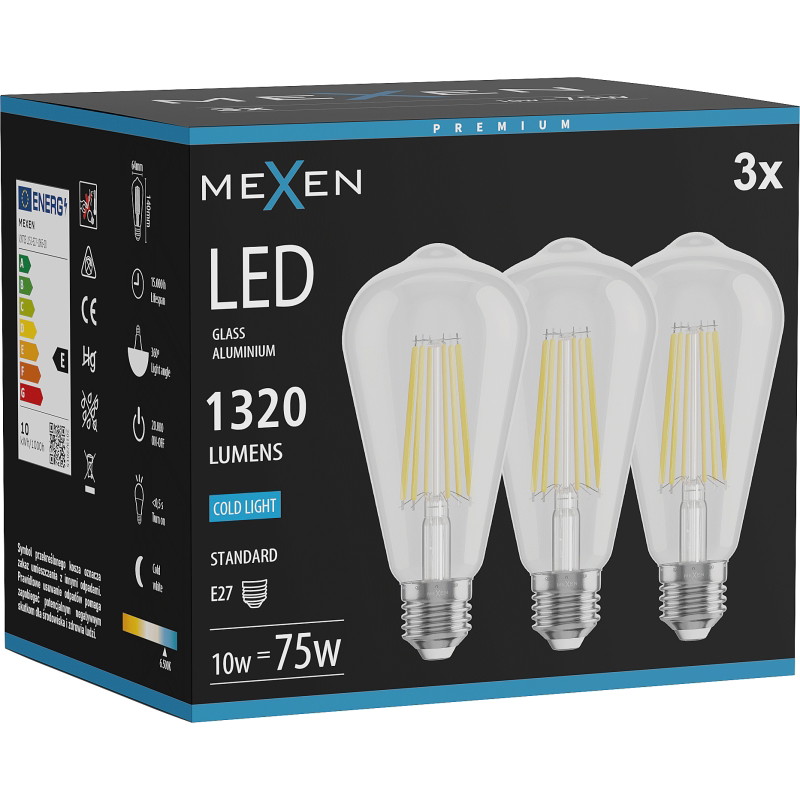 Mexen Vintis 3x Ampoule filament LED E27, ST64, 10W, Froid - 6500K, 1320 lm, transparent - L152-E27-1040-00x03